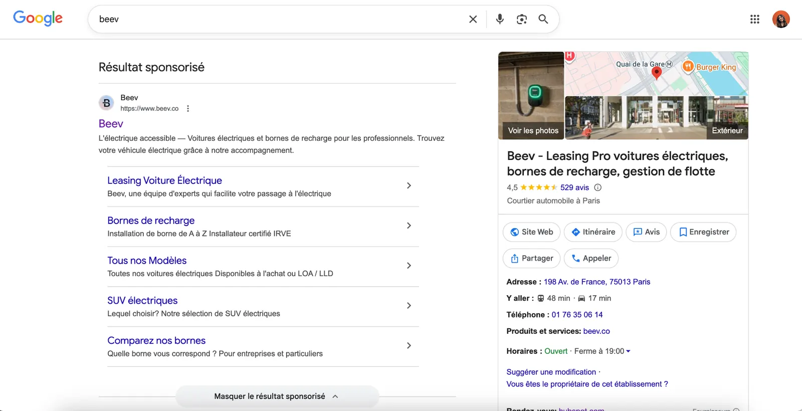 Fiche Google Business Profile de Beev dans les résultats Google