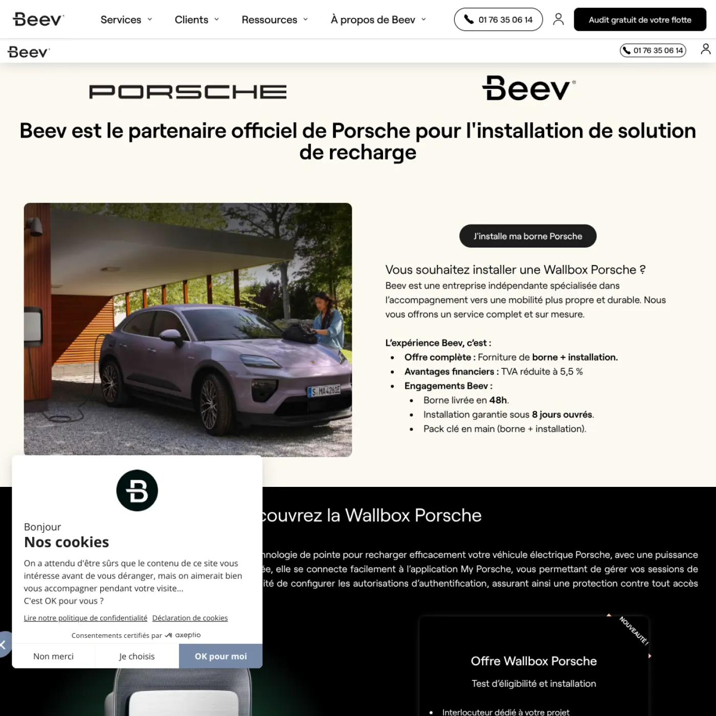 Landing page partenariat Porsche × Beev pour les bornes Wallbox