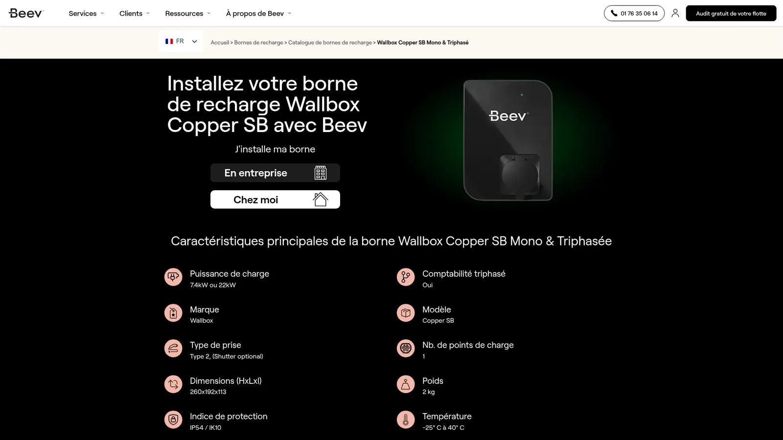 Fiche produit de la borne Wallbox Copper SB