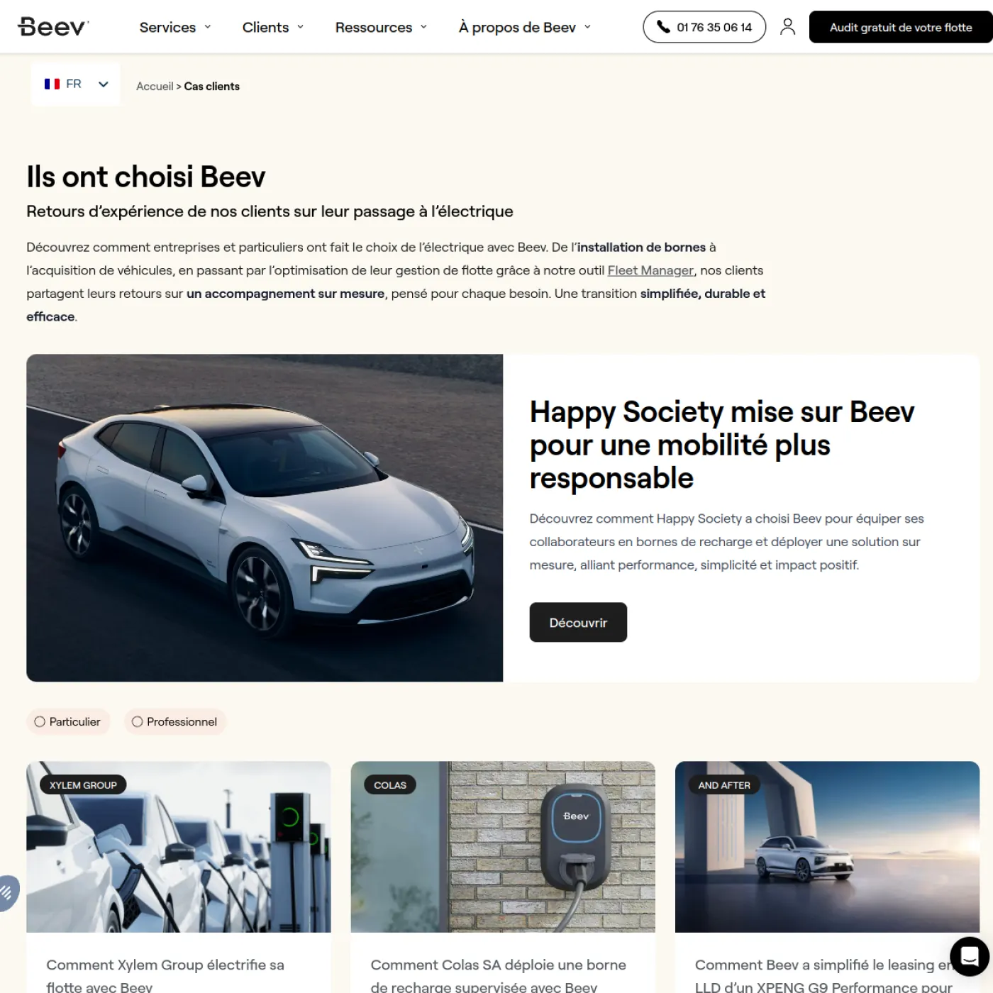 Page d'ensemble des témoignages clients Beev