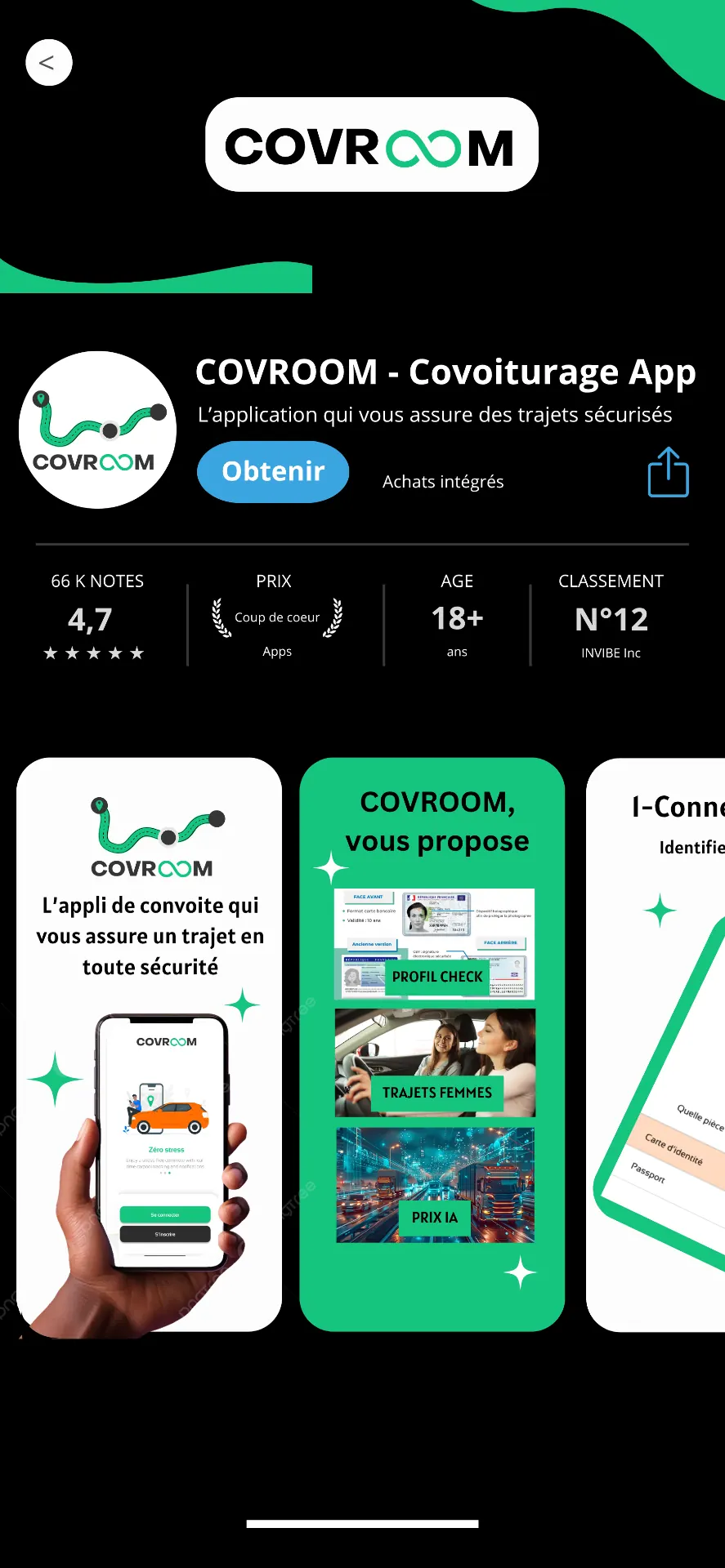 Écran de prise en main de l'application Covroom