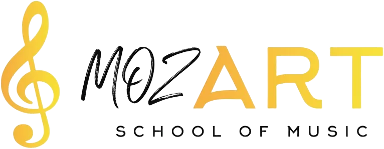 Logo Mozart School of Music, calligraphie et clé de sol dorée