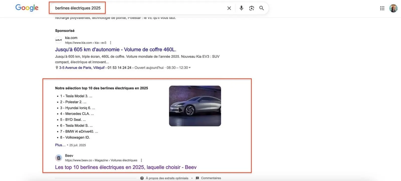Capture d'une page de résultats Google avec un article Beev en tête