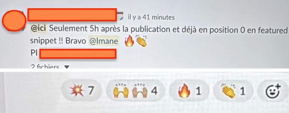 Message d'équipe saluant une position 0 obtenue quelques heures après publication